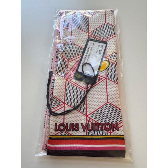 NEW! Louis Vuitton Azure Blue 100% Silk Damier Pop Up Print Bandeau Scarf M77697 - Picture 2 of 9